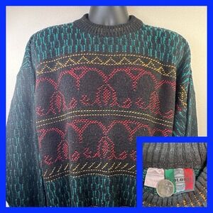 Vintage Geometric Pattern Crew‎ Neck Sweater Men's Black Teal Red Yellow